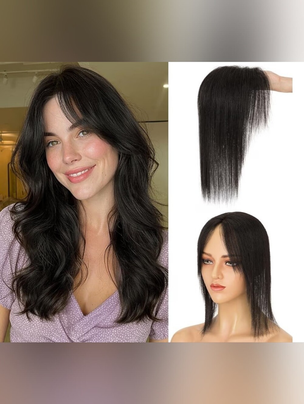 Human Hair Topper 360°3D with Bangs Ultra Thin Breathable 11.5" 35 Grams 1B